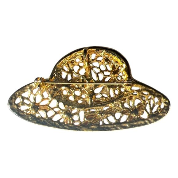 Vintage Enamel Gold Red Hat Society Red Outline Purple Bow Brooch Pin Pendant - Picture 3 of 6